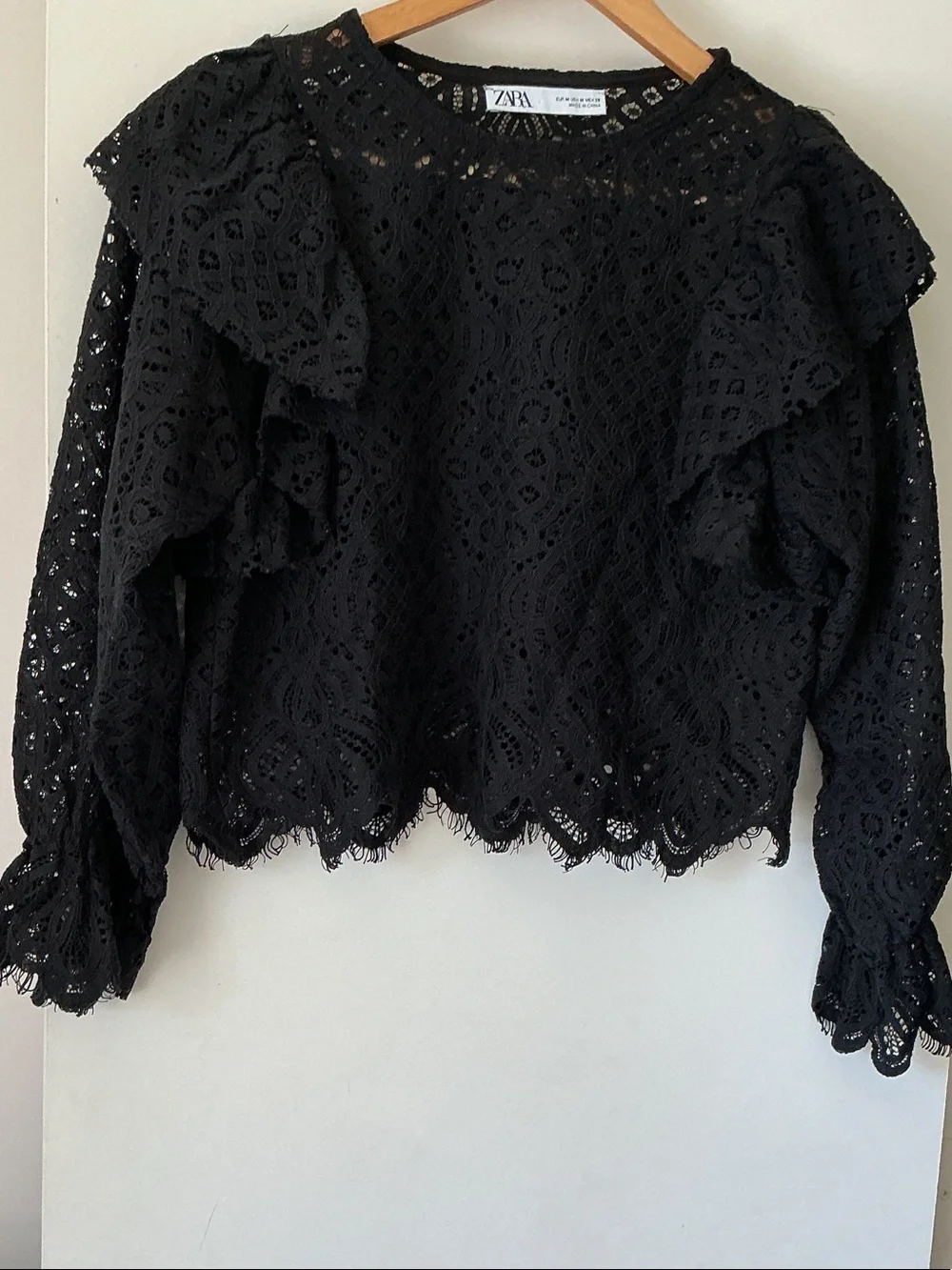 ZARA Black Lace Ruffle Long-Sleeve Top